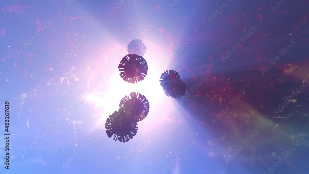 Poster red 3d corona virus rotation on a volumetric light with business line graphs motion background.