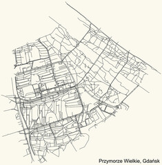 Black simple detailed street roads map on vintage beige background of the quarter Przymorze Wielkie district of  Gdansk, Poland