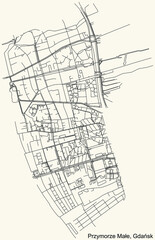 Black simple detailed street roads map on vintage beige background of the quarter Przymorze Małe district of Gdansk, Poland