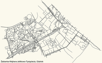 Black simple detailed street roads map on vintage beige background of the quarter Żabianka-Wejhera-Jelitkowo-Tysiąclecia district of  Gdansk, Poland