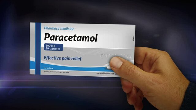 Paracetamol pain relief tablets box in hand. Emergency painkiller, headache analgesic and help medical pills pack. Abstract concept 3d rendering animation.