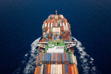 Aerial view of a heavy loaded container carrier ship in motion over blue sea