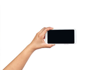 hand holding black screen mobile phone isolated on white background with the clipping path.