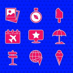Set Map pointer with star, Globe flying plane, Ice cream waffle cone, Sun protective umbrella for beach, Road traffic signpost, Calendar and airplane, and Photo icon. Vector