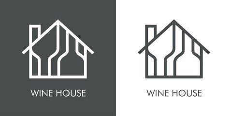 Logotipo con texto Wine House con silueta de botella de vino en casa con lineas en fondo gris y fondo blanco