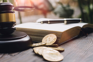 Business and lawyers discussing contract papers with brass scale on desk in office. Law, legal services, advice, justice and law concept picture with film grain effect