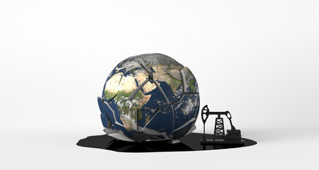 Planet Earth crashed to the ground and breaks and squirts oil and an extraction pump collects the crude oil. 3D illustration. Oil industry. Copy space. Pumpjack.