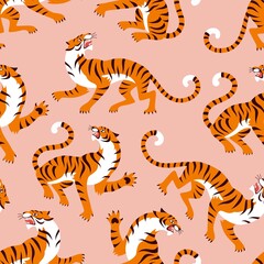Asian Tigers modern pattern. Vector seamless pattern with a cartoon roaring tigers on pink background
