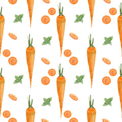 Watercolor seamless background with carrot on a white background. Menu design, textile design, printing.