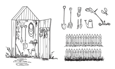 Garden shed and set of geardening tools and lawn mower, vector sketch - 453272494