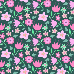 Cute cartoon flowers. Floral colorful background. Seamless pattern. 