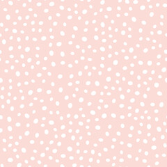 Vector Doodle Dots Seamless Pattern. Hand drawn white spots print on pastel pink background. Abstract circles brush spray texture for print, wrapping paper, design, fabric, backgrounds, textile