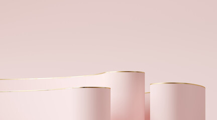 Minimal abstract background for product presentation. Pink podium with golden rim on pink background. 3d render illustration. Clipping path of each element included. - obrazy, fototapety, plakaty