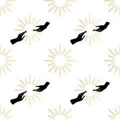 Seamless pattern with woman hands and the sun. Wicca, alchemy, mystical, magic, celestial, esoteric, sacred, spiritual, occultism inspired concept. Witch hands. Hand drawn vector