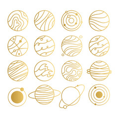 Set of abstract planets linear icons. Logo, pictogram, sign, symbol of space. Universe, galaxy concept. Vector hand drawn stock illustration.	