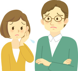 イラスト素材:若夫婦が向かい合って困った表情で思い悩む場面　 腕組みした姿