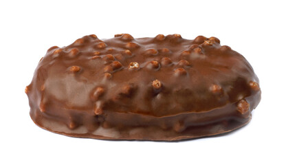 A large chocolate candy with air rice is isolated on a white background.