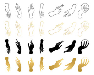 Woman hands silhouette. Set of elegant female hands in a minimal flat style. Collection of different gestures. Logos for cosmetics, jewelry, beauty products, spa, manicure. Hand drawn boho vector.