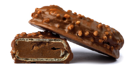 Sweets with crisp waffles in chocolate are isolated on a white background.