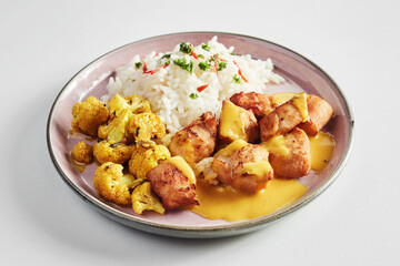 Spicy chicken curry with basmati rice and cauliflower