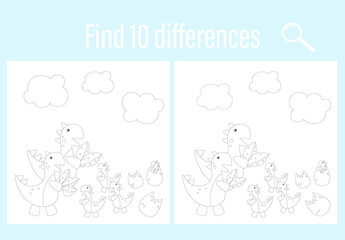 Tasks for children. Find 10 differences coloring book. Dinosaur family. Mom, dad, and kids. Jurassic period, tyrannosaurus tex. Design for children's books, notebooks. Preschooler development.