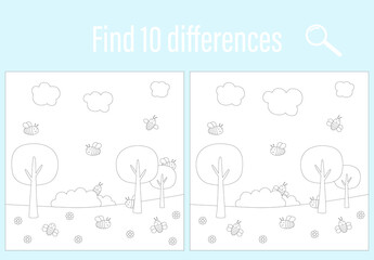 Tasks for children. Find 10 differences coloring book. Bees fly in nature. Field, trees, sky, flowers, bushes. On white background. Design for children's books, notebooks. Preschooler development.