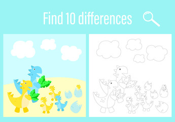 Tasks for children. Find 10 differences coloring book. Dinosaur family. Mom, dad, and kids. Jurassic period, tyrannosaurus tex. Design for children's books, notebooks. Child development.