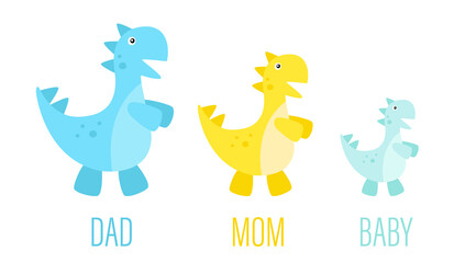 Dinosaur family on a white background. Dad, mom, baby. Blue, yellow, blue. Lettering. Vector graphics. Tyrannosaurus rex, Jurassic period. Design for books, notebooks, notebooks, textiles.