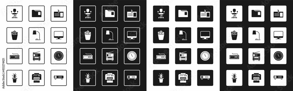 Poster set identification badge, table lamp, full trash can, office chair, computer monitor screen, documen