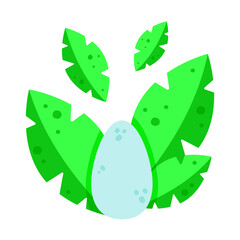 Children's illustration of a Dinosaur egg in the grass. Fern leaves. Bright illustration on a white background. Jurassic period. Design for children's books, notebooks, invitations, brosher.