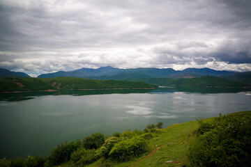 Naklejka na ściany i meble Aerial panoramic view to lake Debar, North Macedonia