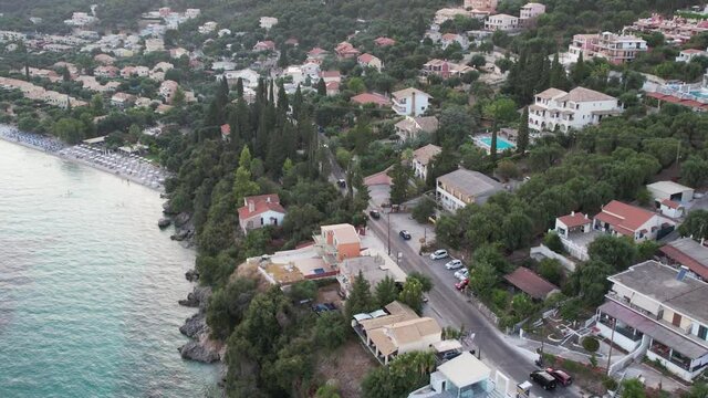 Aerial drone view over rocky coast in Mparmpati and Barbati Beach, east of Corfu island, Greece.