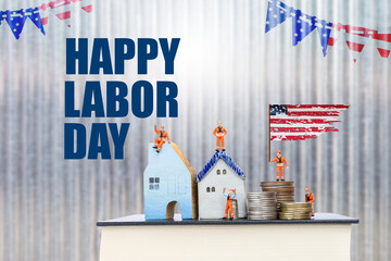 Happy Labor day background, miniature worker with American flag, celebrate labor day september - obrazy, fototapety, plakaty
