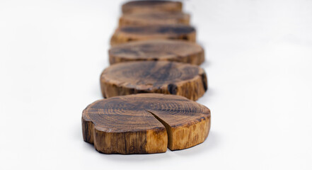 Wooden cut saw cut. On white background. Wood texture. Growth rings.