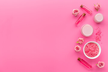 Pink rose aroma oil and sea salt with spa treatment cosmetic for skin care