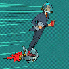 Futuristic businessman astronaut is flying on an electric unicycle, a man is drinking morning coffee © studiostoks