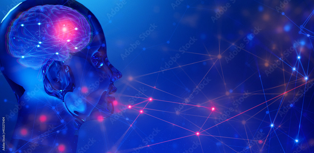 Poster 3d illustration rendering, ai robot head face with data internet network, deep learning system techn