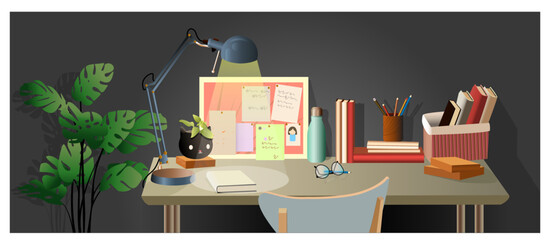 Vector illustration of the modern workplace in a room. study room interior. Desktop with table, lamp, bookshelves, board, box, chair, house plant.