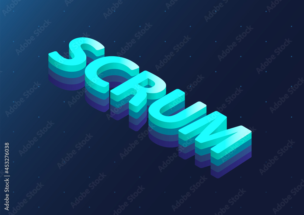 Poster scrum isometric 3d vector text. illustration of agile scrum methodology concept to organise work.