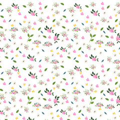 Seamless floral pattern background of small flowers and leaves. Small scale flowers scattered  for printing on surfaces and web design.