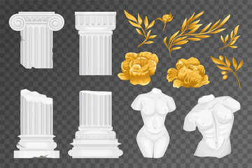 Antique Greek Flowers Transparent Icon Set - obrazy, fototapety, plakaty