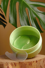 green tea eye patches to reduce puffiness and bruising under the eyes. flatlay.  the concept of self-care
