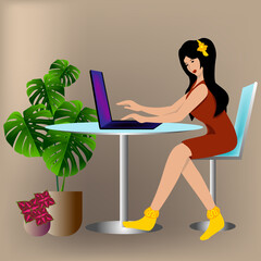 The girl works at the computer at home. Vector illustration. 