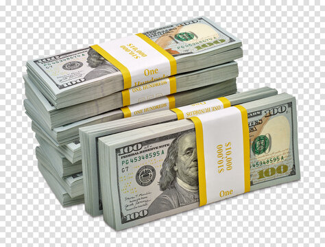 New design dollar bundles stack of bundles of 100 US dollars isolated on white background. Including clipping path