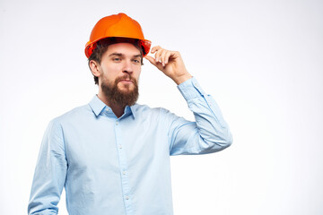 man in shirt orange helmet safety construction engineer
