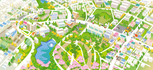 公園と池のある街並みの風景