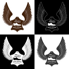 Shoe repair service. Trendy concept logo in old retro style. With eagle wings