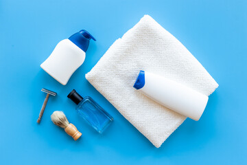 Cosmetic care products for men. Flat lay, top view