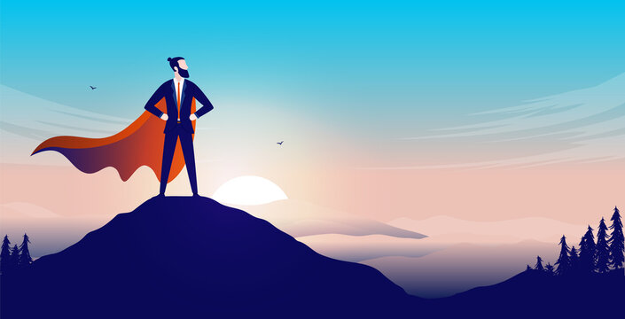 Business Superhero On Mountaintop - Businessman With Cape Standing Proud On Top After Great Accomplishment. Vector Illustration With Copy Space For Text