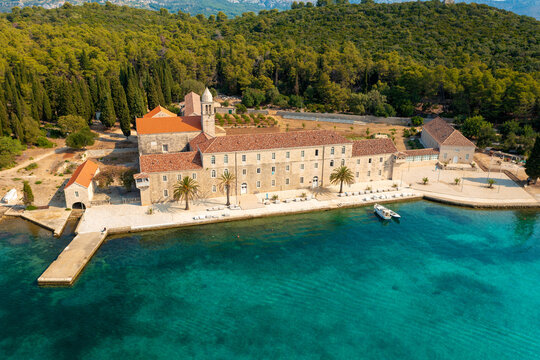 Aerial view of Franciscan monastery on Badija Island near  Korcula, Adriatic Sea, Croatia